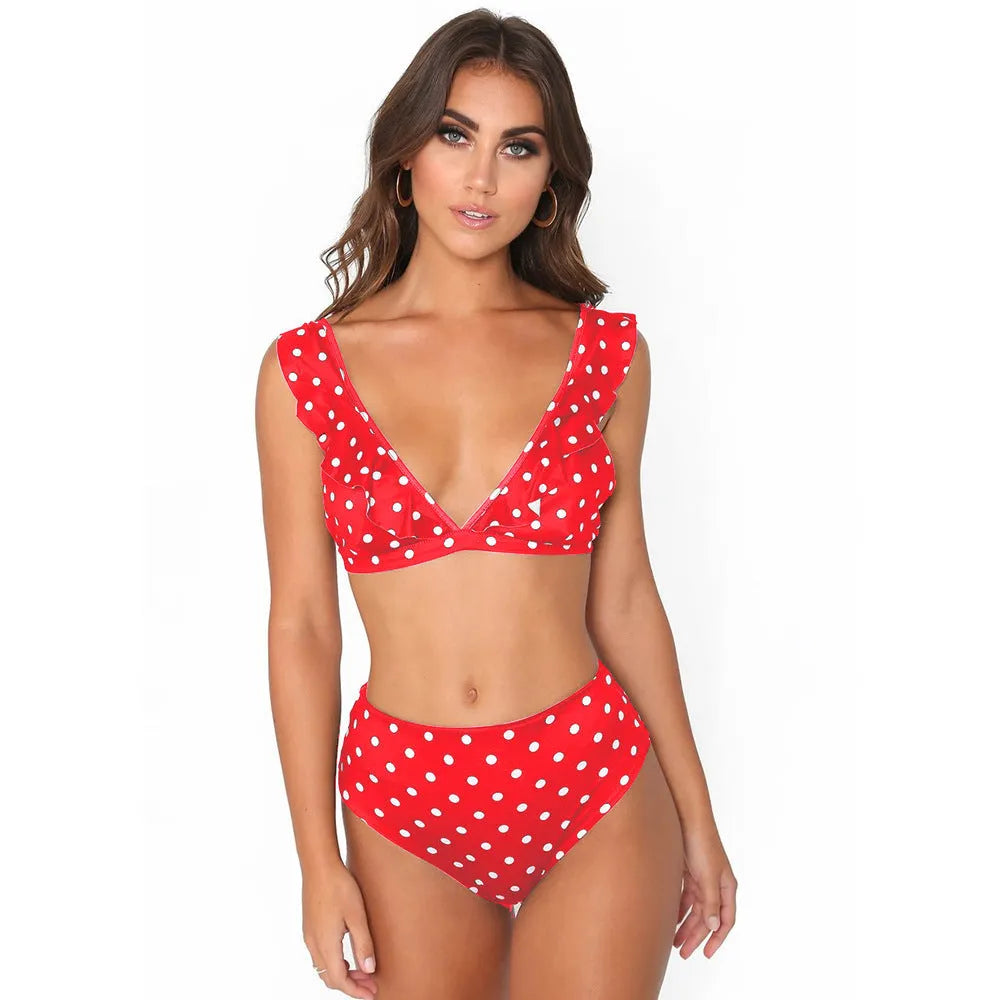 Women's polka dot print ruffled bikini set with deep V-neck top
