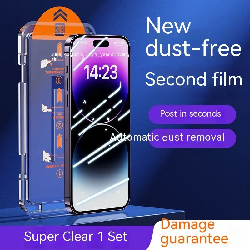 iPhone tempered glass screen protector with dust-free installation kit showing HD and privacy options