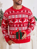 Men's Christmas jumper in red or navy blue, round neck, long sleeve, loose jacquard knit, sizes S to XXL.