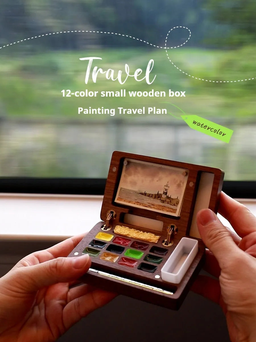 Miniature walnut wood watercolour paint box with a choice of paint suit colour lids.