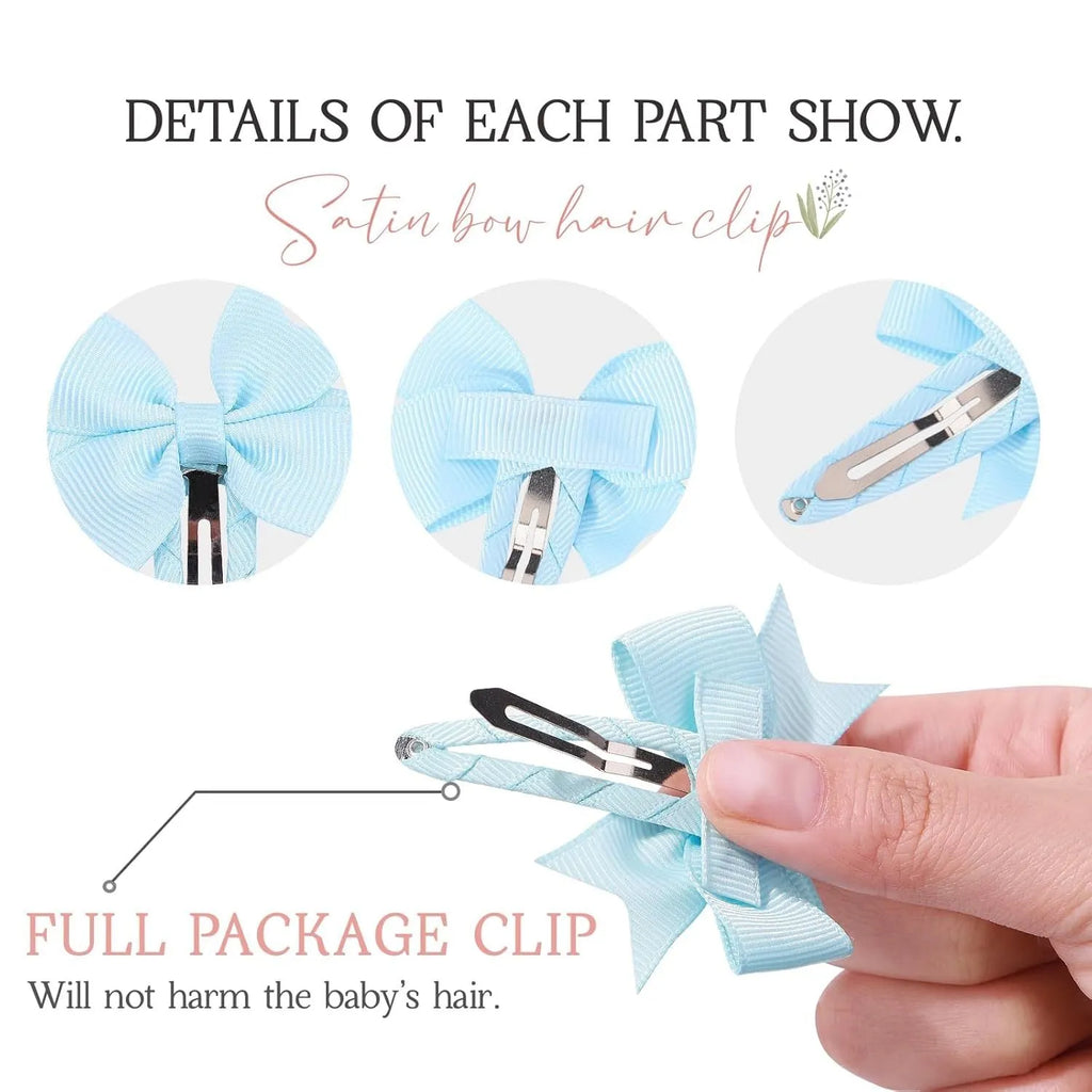 40 colourful grosgrain ribbon hair bows with fully wrapped snap clips for baby girls and toddlers
