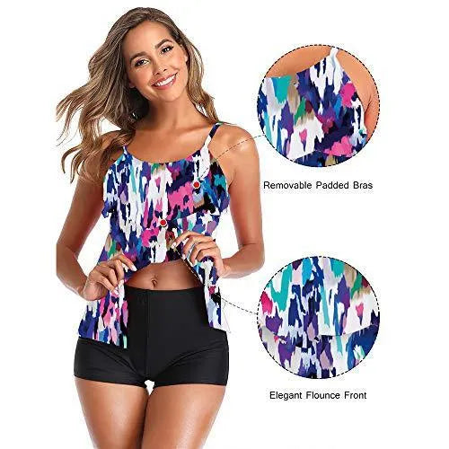 European style plus size bikini set with high waist boxer bottom, black leaves pattern, on model