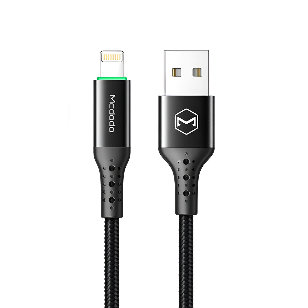 Black intelligent power-off USB data cable for Apple devices with 1.2m length and standard USB-A connector