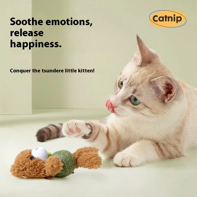 Plush catnip toy shaped like a character, showing a brown bear design with a 4cm mint ball.
