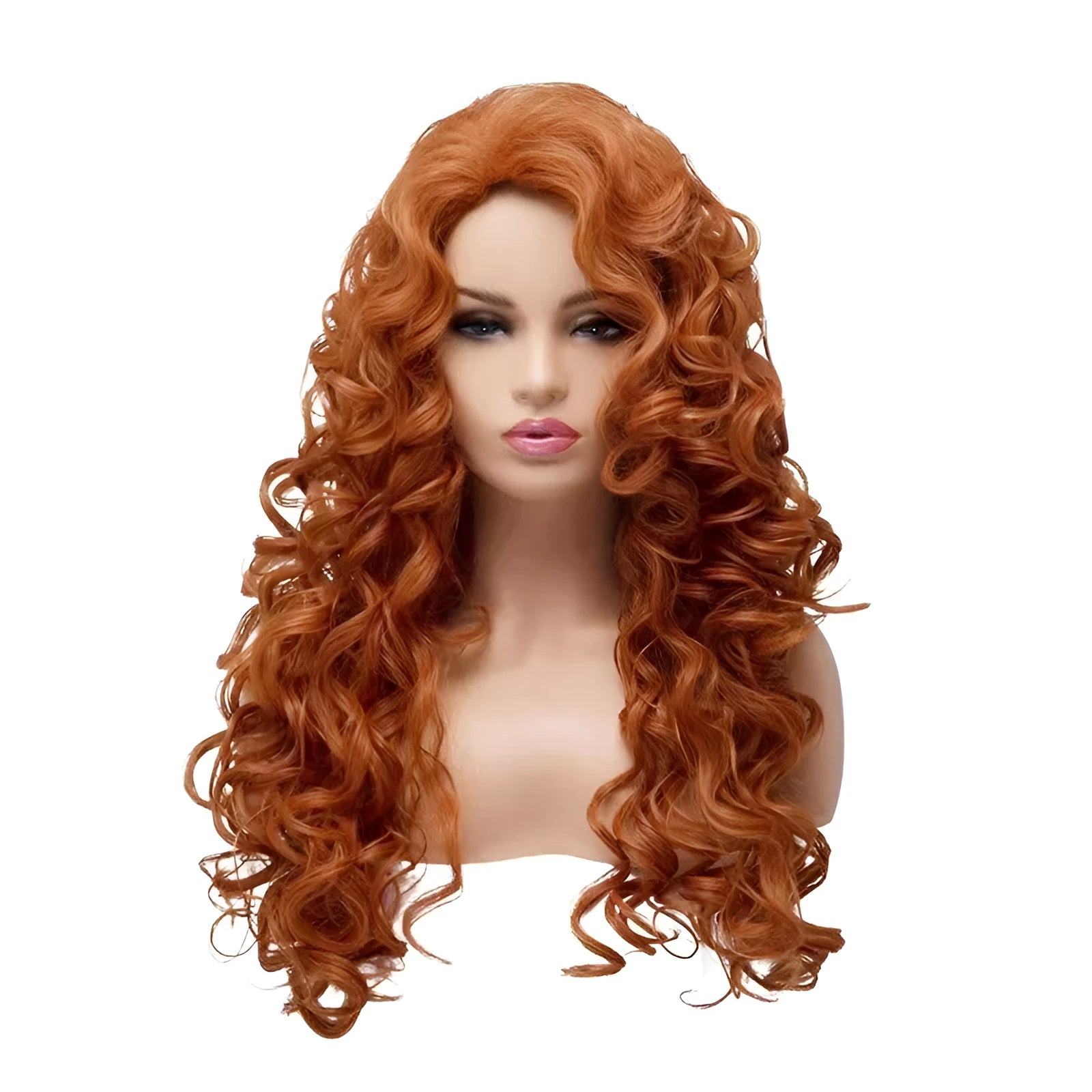 Long wavy brown synthetic curly wig on a mannequin head, with wig cap included.