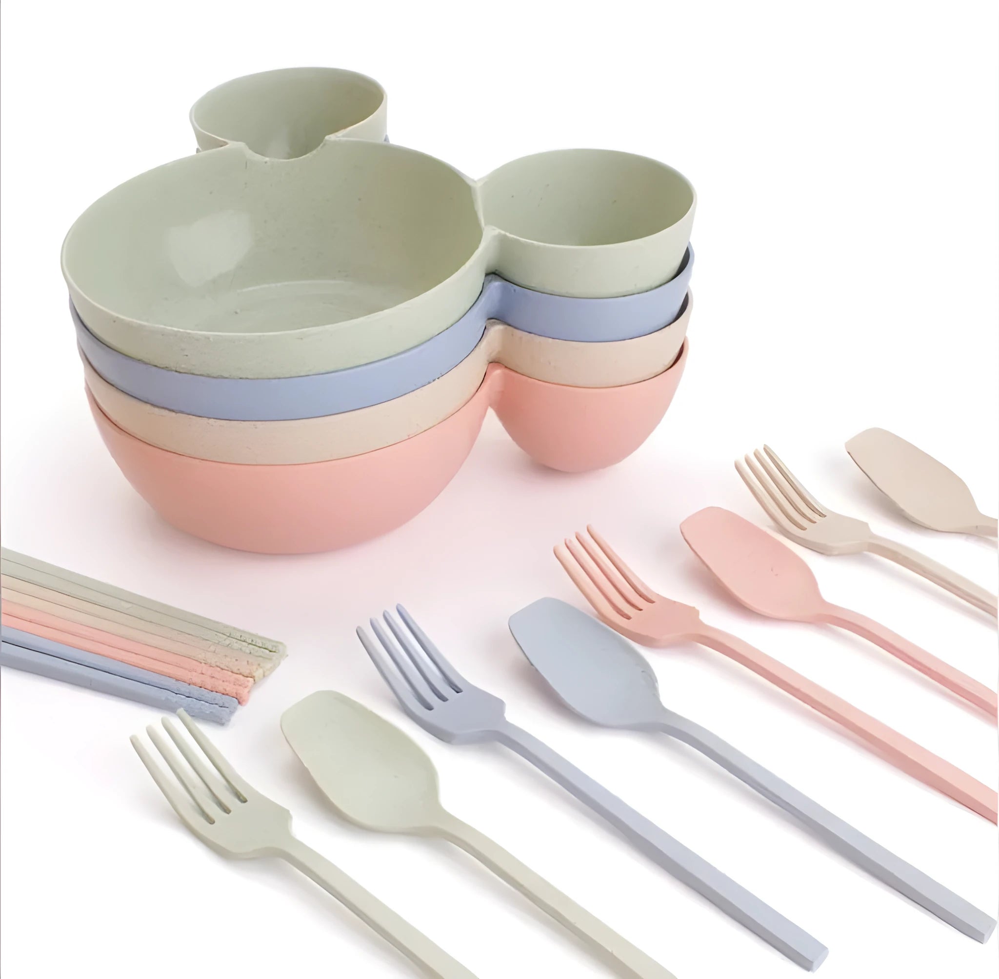 Children's wheat straw bowl set featuring Mickey cartoon design with chopsticks, fork, and spoon in beige