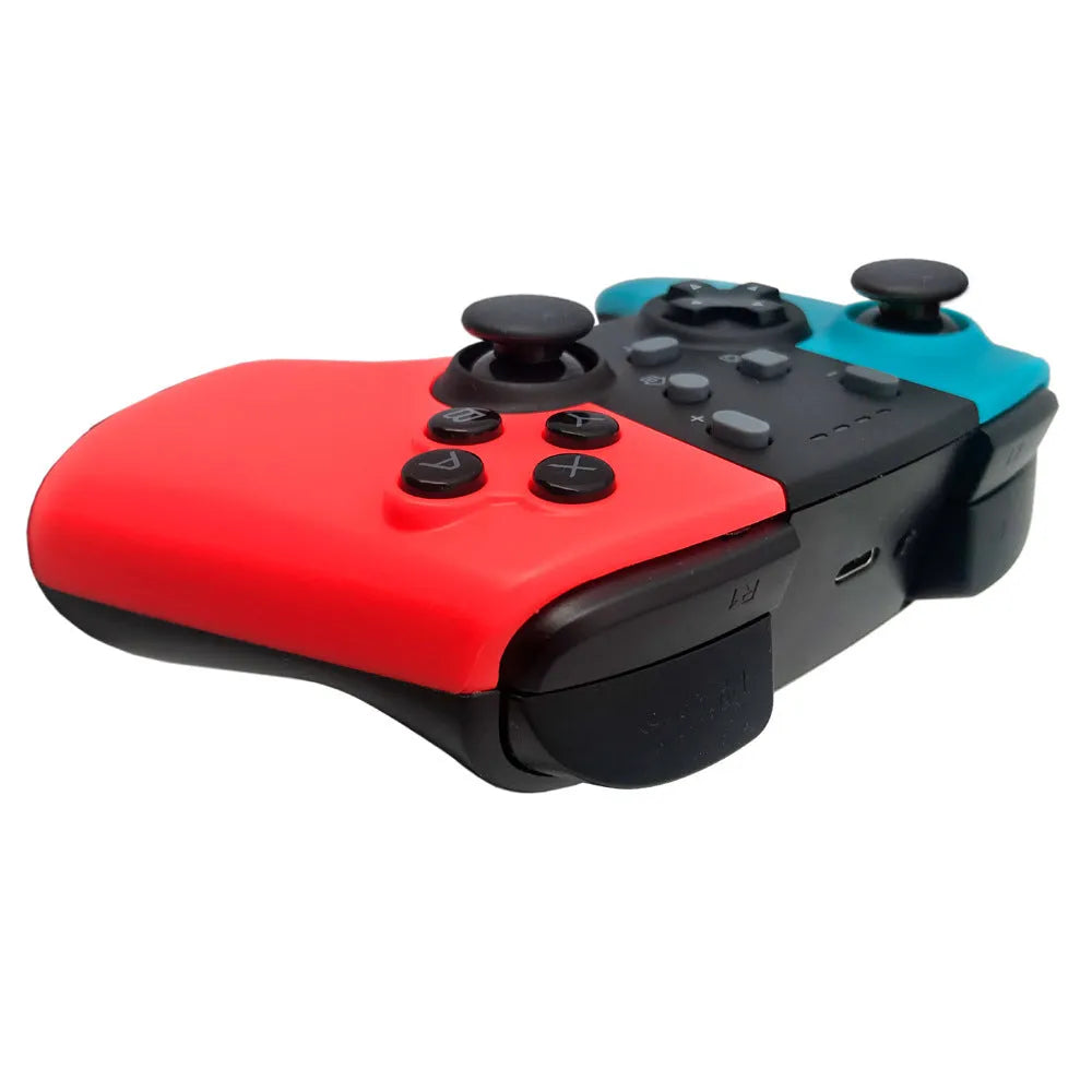 Black wireless Nintendo Switch controller with analogue sticks, face buttons, and LED indicators