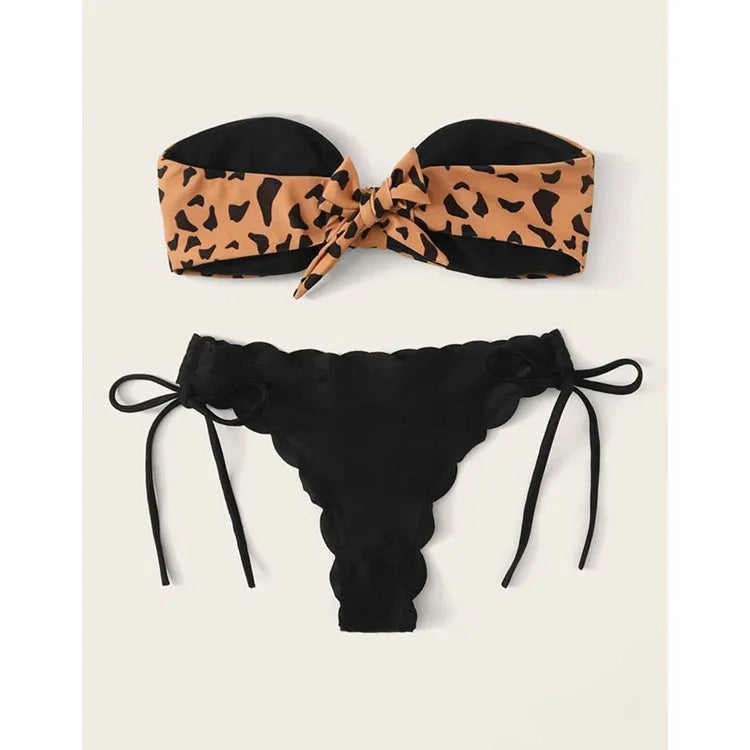 Women's split swimwear bikini set in leopard print with nylon and polyester fabric, available in sizes S M L XL
