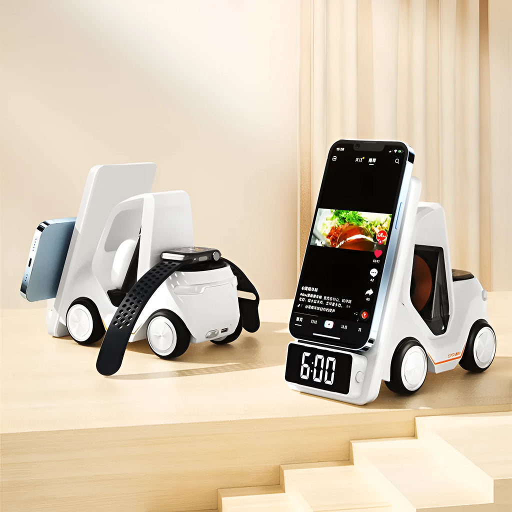 Grey three-in-one magnetic wireless charging bracket holding a phone, smartwatch, and earbuds case.