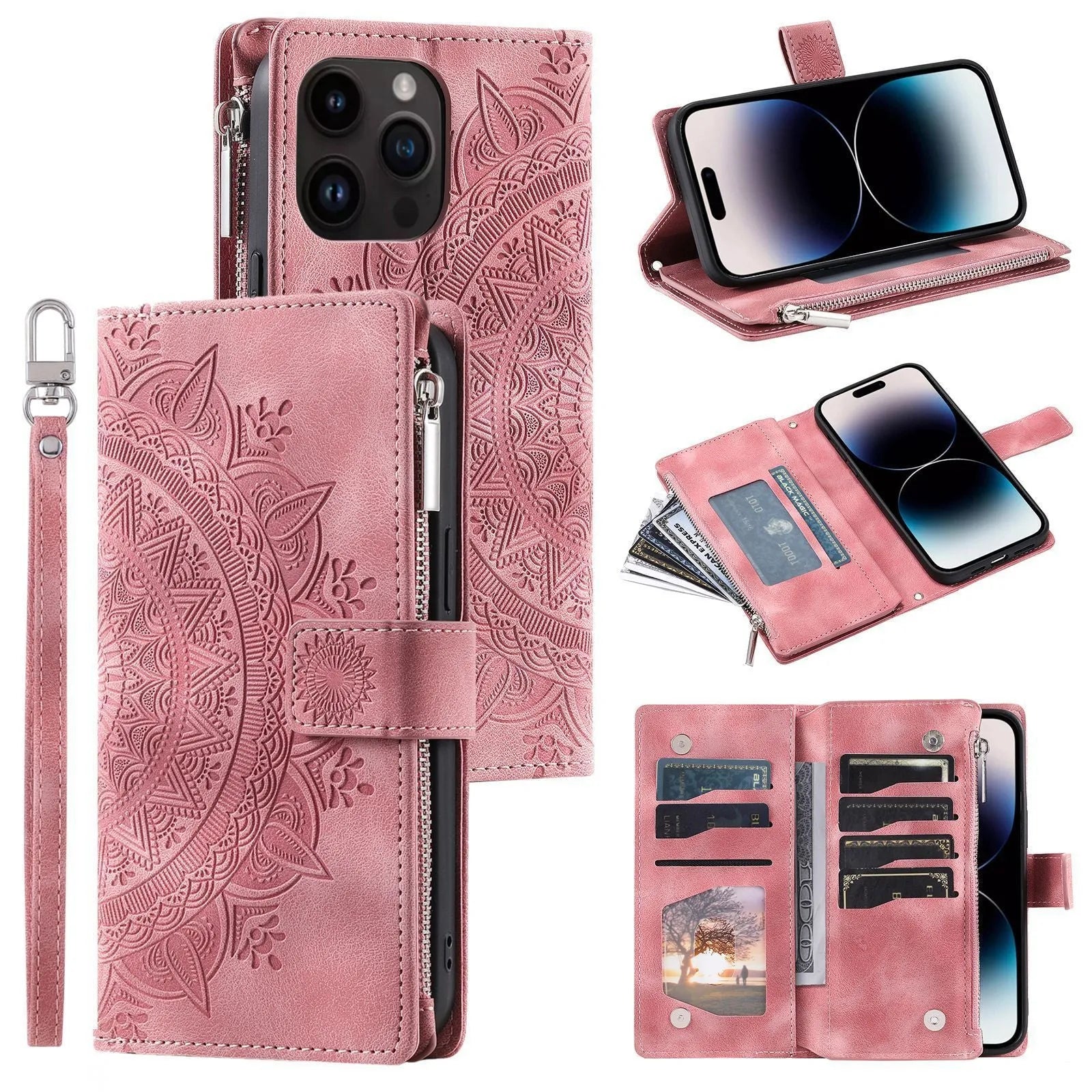 Multi-card embossed totem leather PU zipper phone case for iPhone with card holder in black