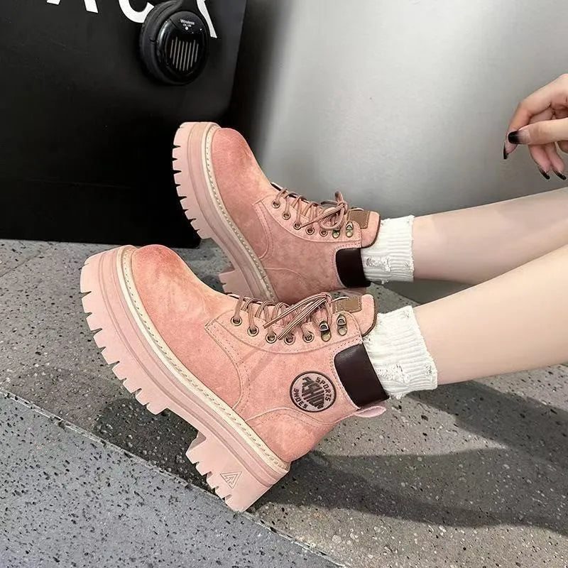 Retro-style cowhide Martin boots in pink and yellow, mid heel, lace-up, round toe, sizes 35-40