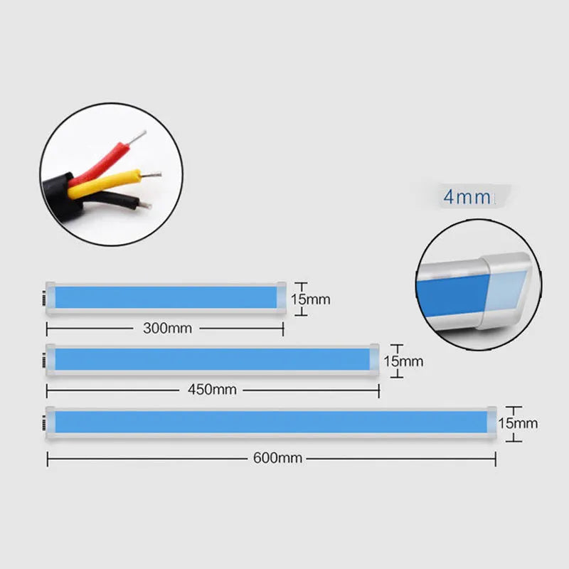 Waterproof silicone car LED daytime running light and flowing turn signal strip in multiple colours.