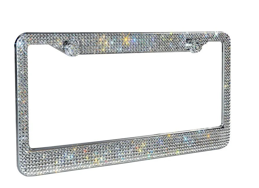 Bling Crystal stainless steel licence plate frame with diamond finish, 31x16cm, black or white, with anti-theft screw caps