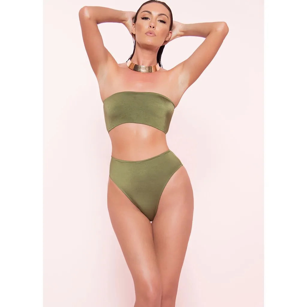 Women's two-piece breast wrap bikini set in nylon, split backless style, available in multiple colours