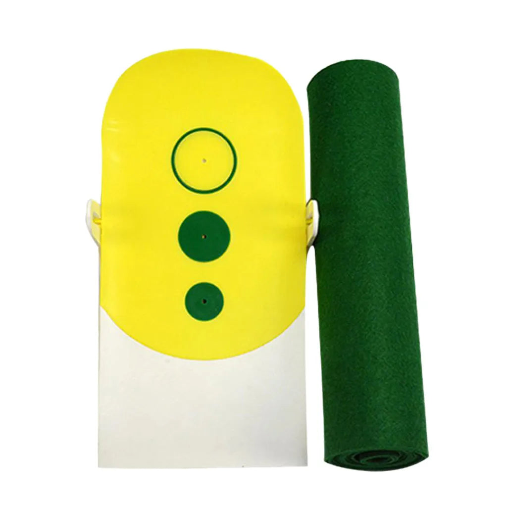 Precision putter exerciser with green non-woven push rod blanket 230cm length and simulator on wooden floor