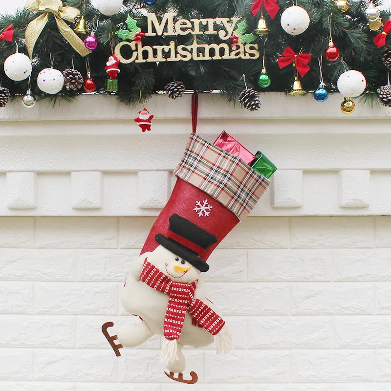 Christmas sock gift bag in non-woven fabric, 21.5 x 50.5 x 24 cm, with old man, snowman and elk designs.