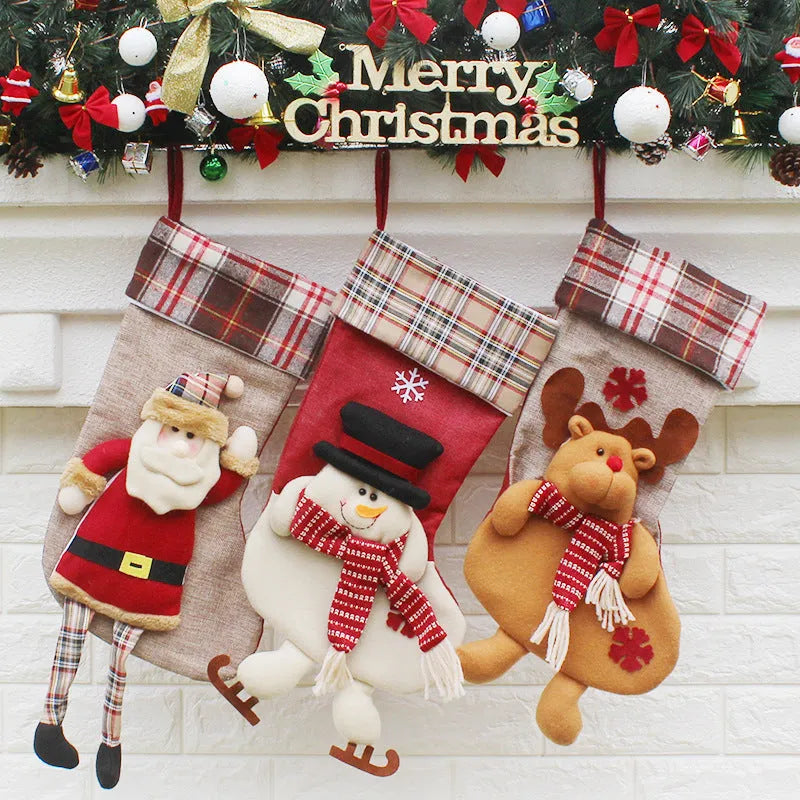 Christmas sock gift bag in non-woven fabric, 21.5 x 50.5 x 24 cm, with old man, snowman and elk designs.
