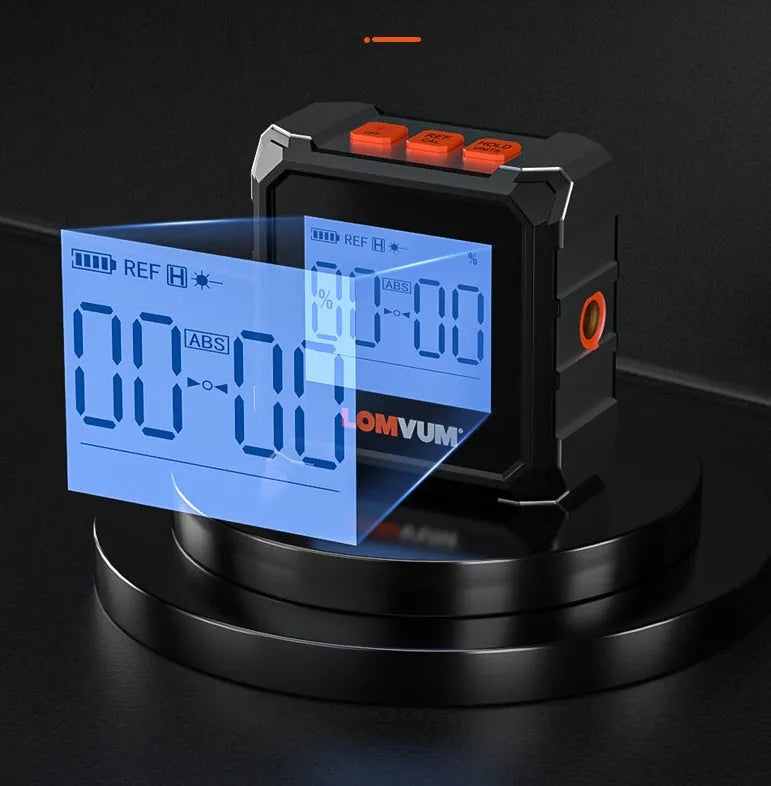 Longyun digital laser inclinometer with alloy casing and backlit display showing measurement.