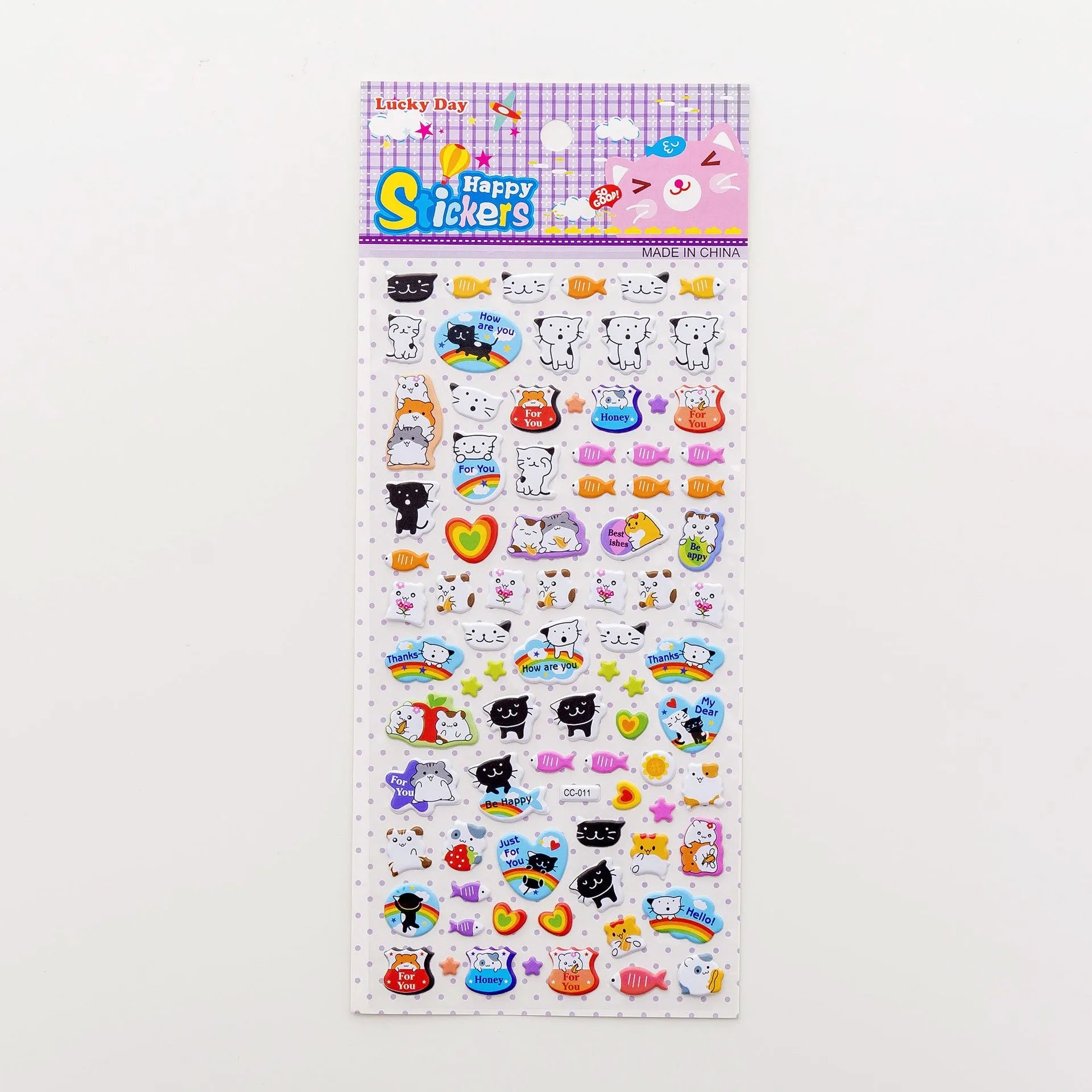 Pack of colourful 3D bubble stickers showing raised cartoon designs of an alpaca, cat, dinosaur, and sweetheart motifs.