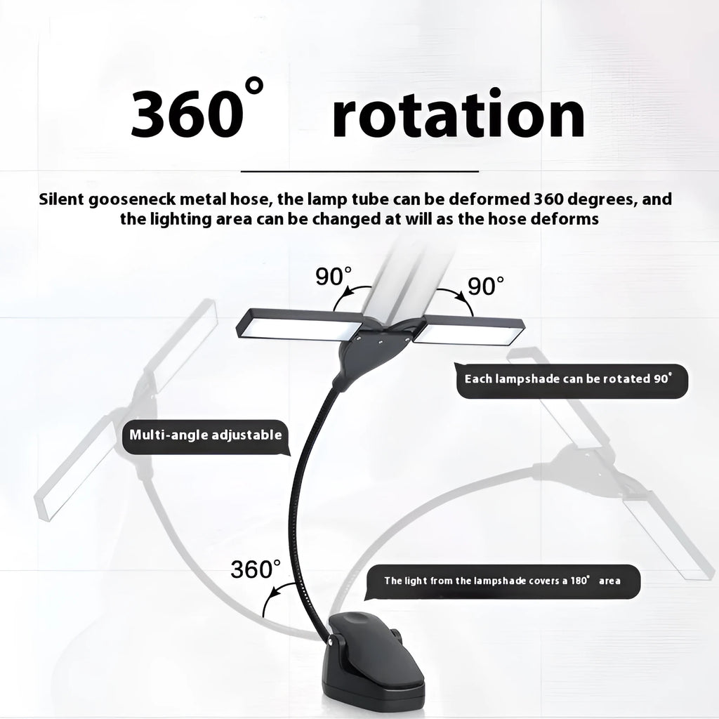 Black rechargeable music stand lamp with 28 soft white LEDs clipped to a metal music stand.