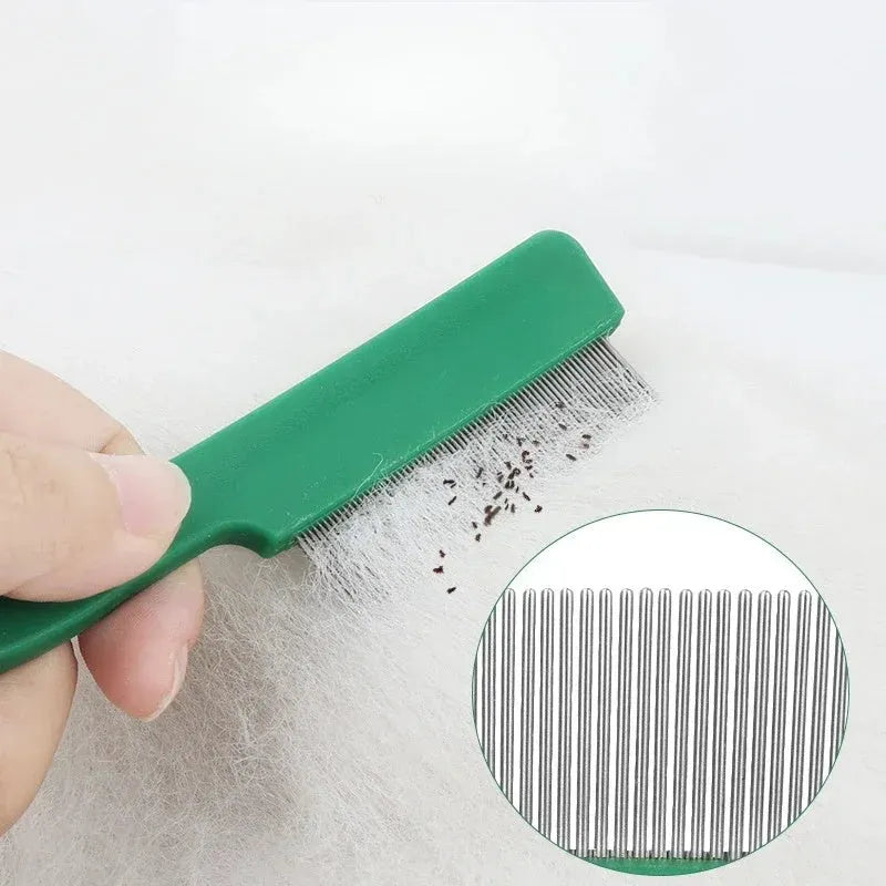 Green pet flea comb with stainless steel pins and plastic handle for dogs and cats grooming