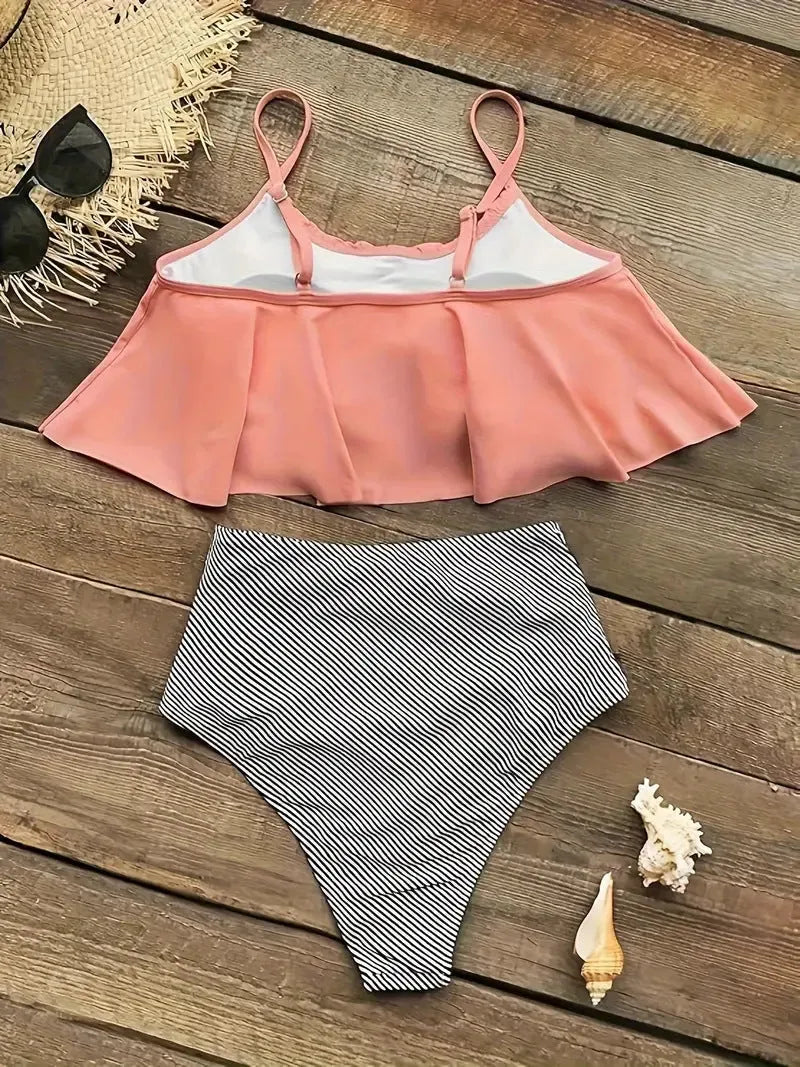 Women's conservative high-waisted swimsuit with ruffle detail and split bottom in polyester fabric