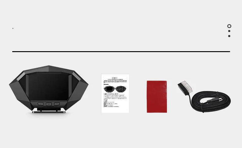 Black vehicle head-up display unit with OBD cable on a car dashboard.
