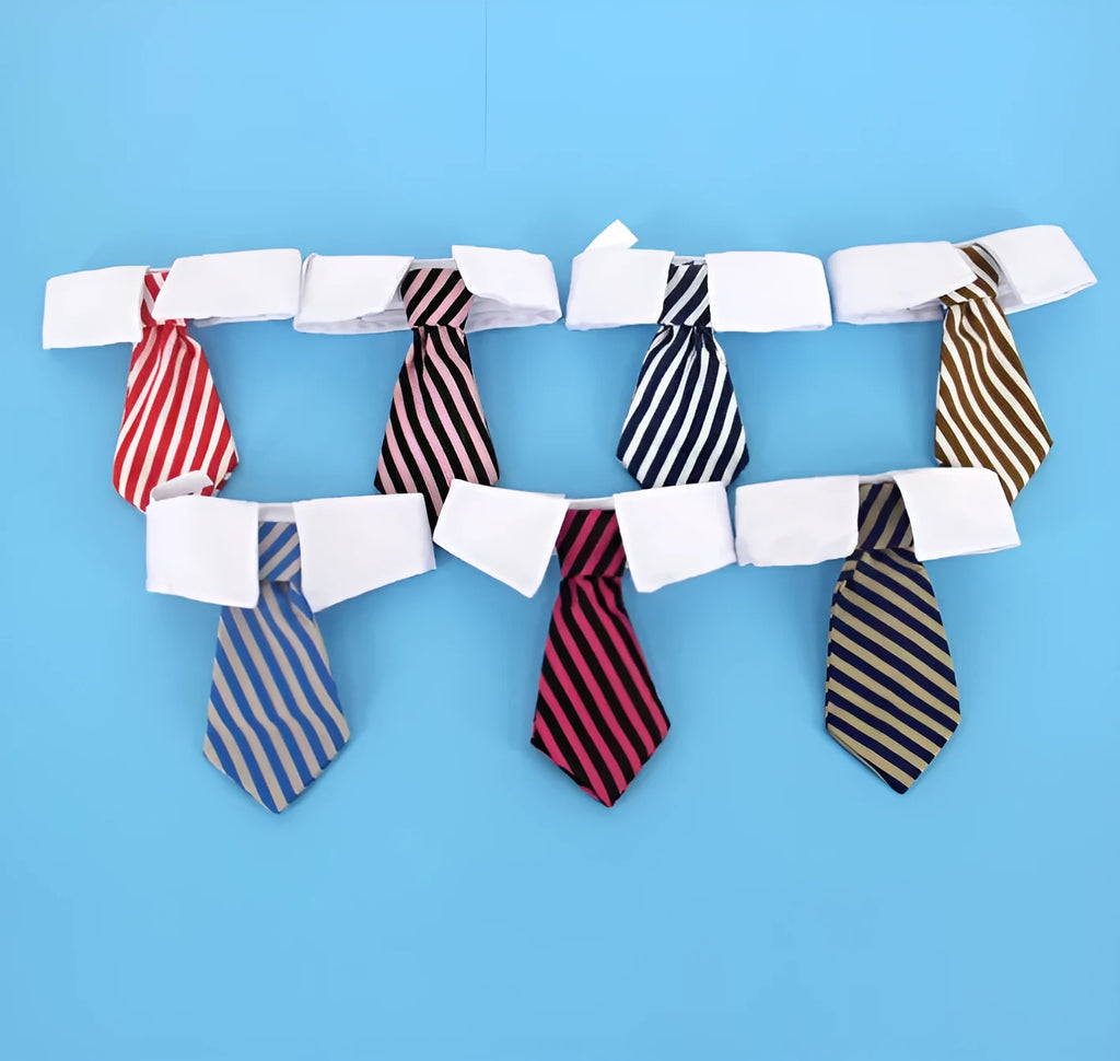 Cloth pet dog bow tie with cartoon print in multiple colours on a white background showing S and L sizes