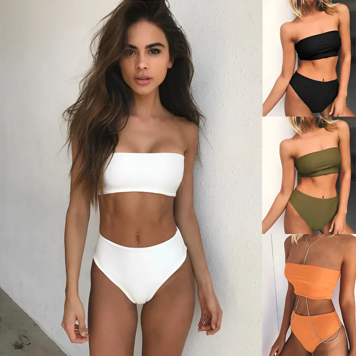 Women's two-piece breast wrap bikini set in nylon, split backless style, available in multiple colours