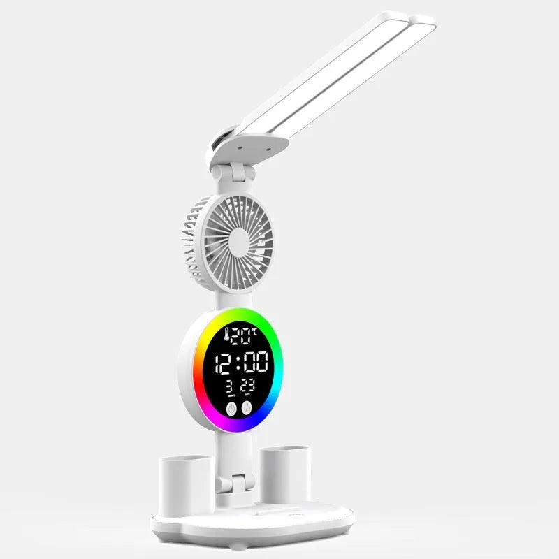 LED student desk lamp with double-headed light, clock and fan options, USB powered, modern simplicity style