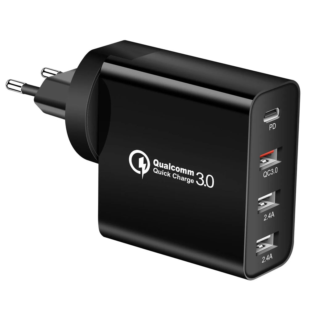 Black 48W USB-C wall charger with four Type-C ports and a UK 3-pin plug on a white background.