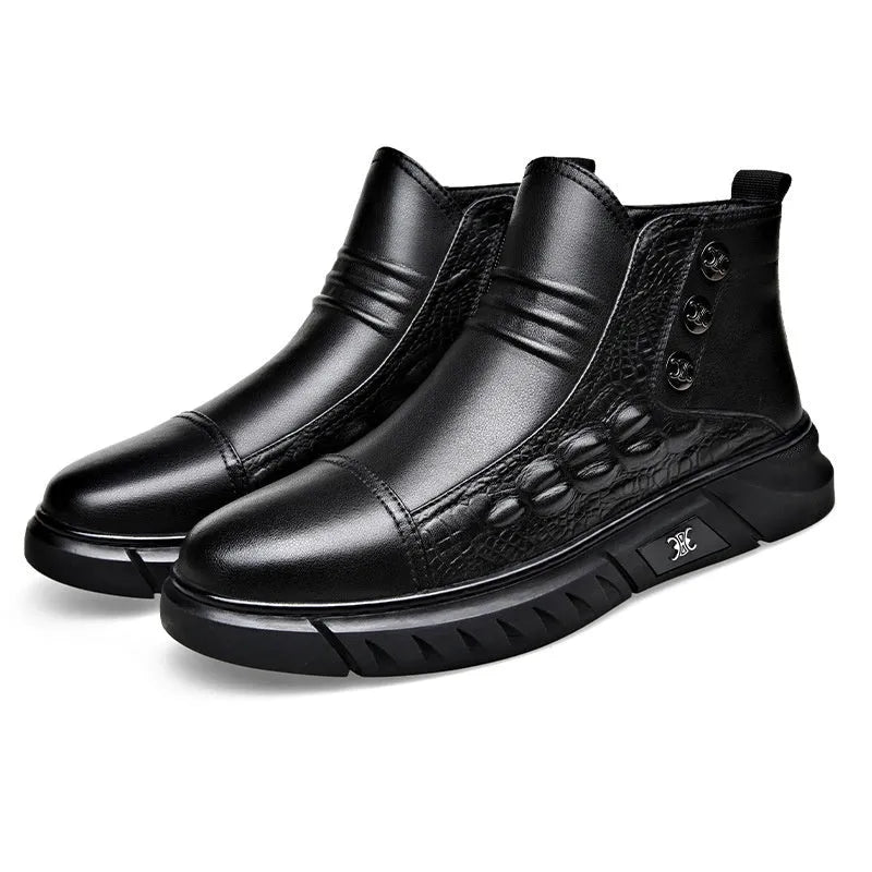 Men's black genuine leather worker boots with warm lining, non-slip round toe, sizes 38-44
