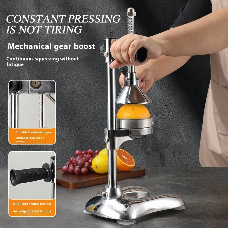 A vertical stainless steel manual citrus juicer on a kitchen counter, showing different colour and head style options.