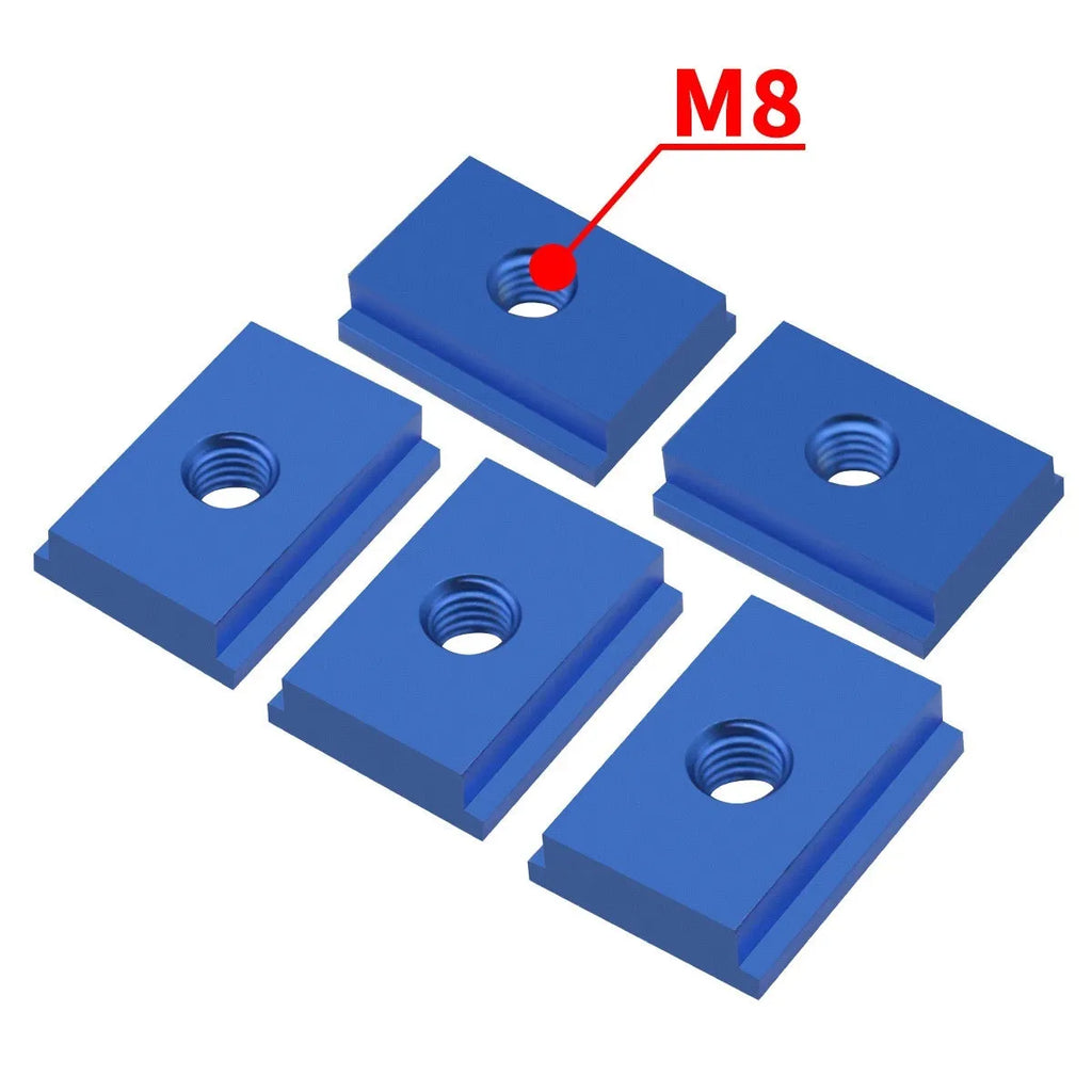 Aluminium alloy M6 and M8 sliding chute slider set for woodworking T-slot tracks in black, silver, blue, and red.