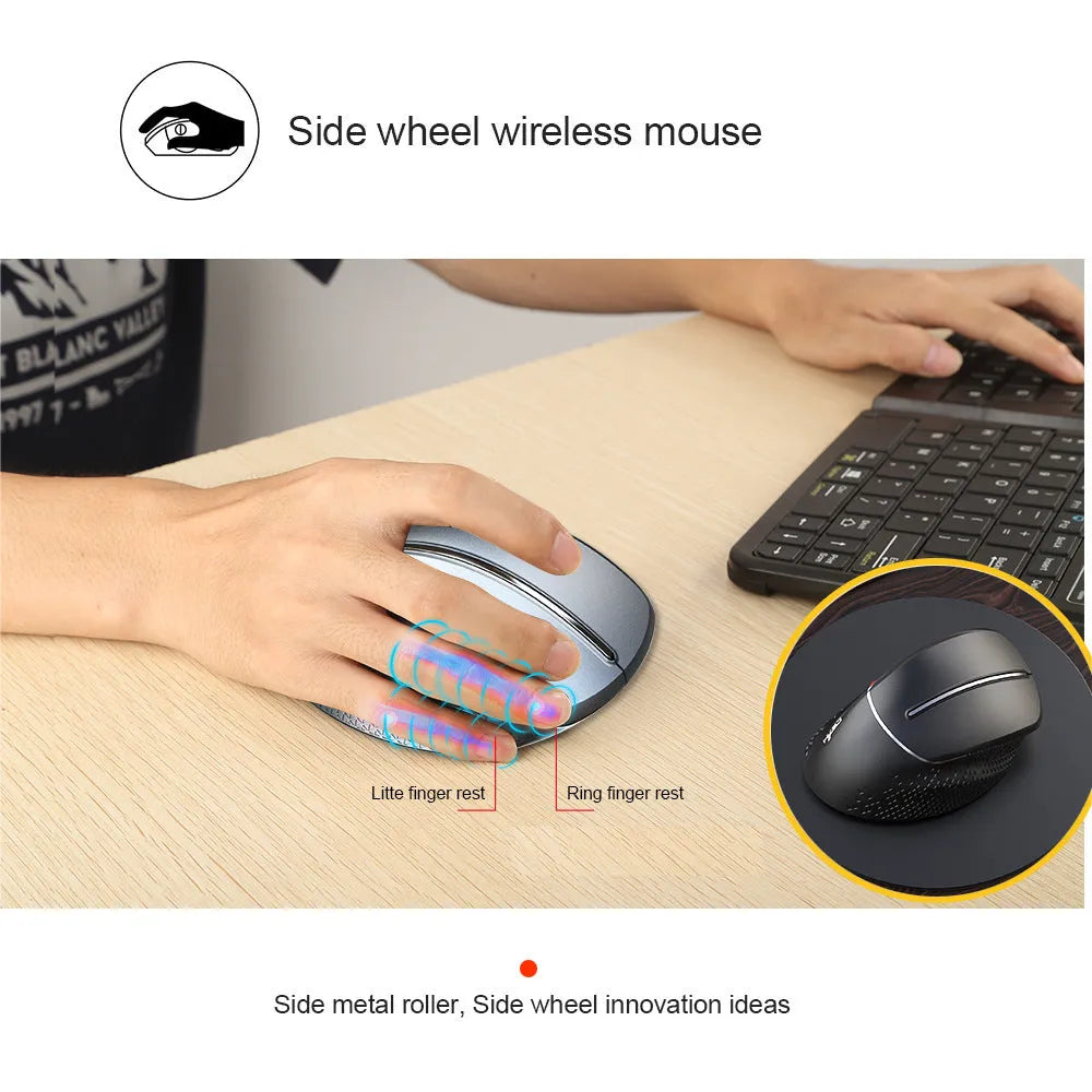 T32 wireless vertical ergonomic mouse in black matte texture showing aluminium side roller and 2.4GHz USB receiver.