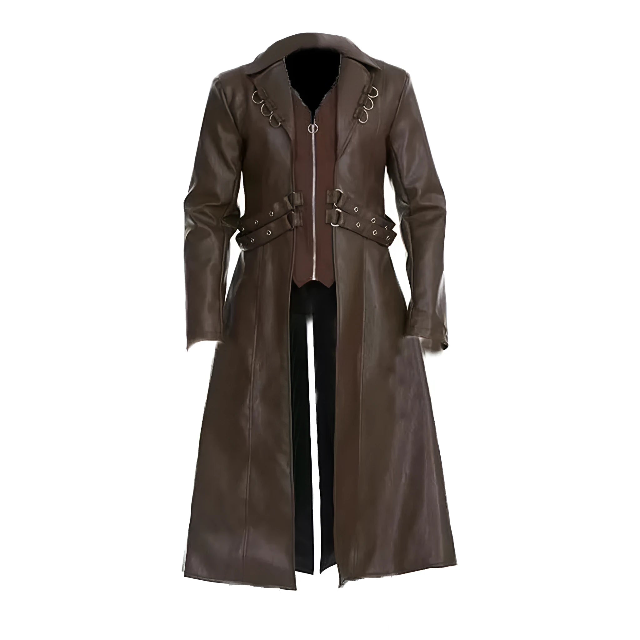 Mid-length retro PU leather trench coat in black, European style with medieval inspiration, sizes S-XXXL
