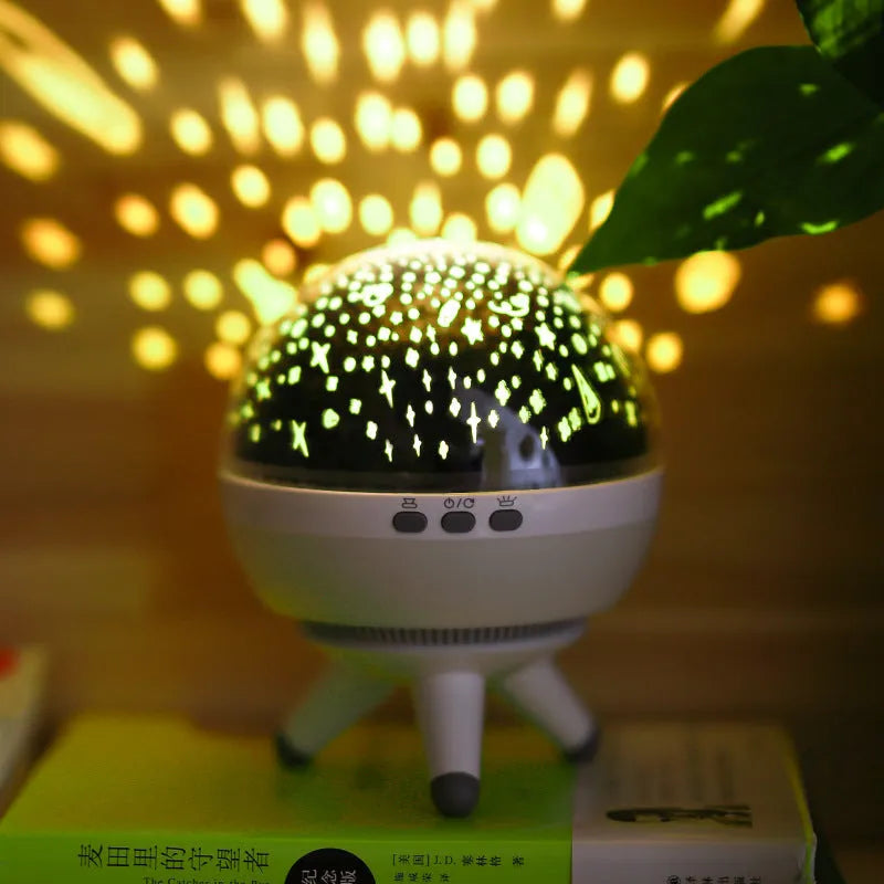 Black rotating starlight projection lamp with battery power and button switch for corridor lighting