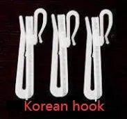 Blackout curtain panel showing custom sizing options and three hanging style choices: hook, Korean hook, and rings