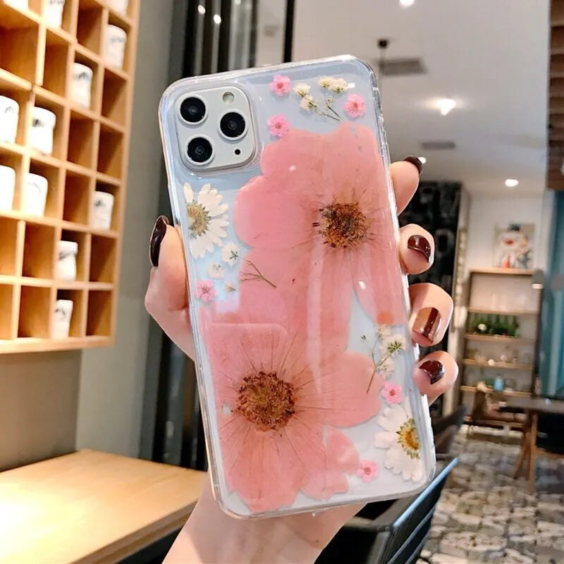 Flexible pink and yellow floral print TPU back cover case for iPhone.