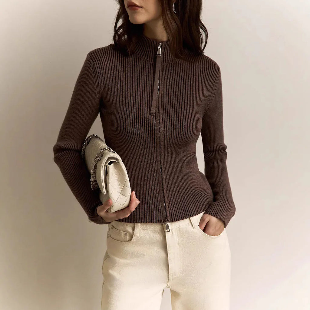 Women's zipper slim fit stand collar top in viscose fibre, available in five colours, sizes S to L, for street fashion layering