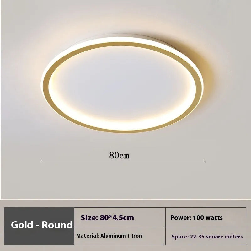 Minimalist circular LED ceiling lamp in black, gold or white finish, shown in 60cm and 80cm sizes.