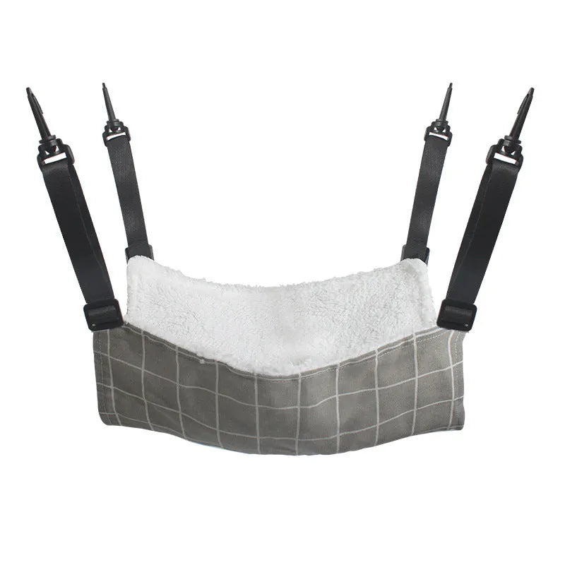 Cloth hanging cat bed with adjustable straps in a pet cage, available in sizes 27x27cm to 57x47cm and multiple patterns