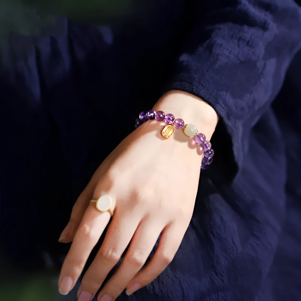 Amethyst crystal bracelet with 8mm round geometric beads in national style pattern