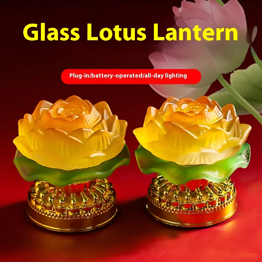 A yellow Chinese-style lotus Buddha lamp made of ABS plastic on a wooden surface.