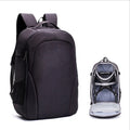 Black waterproof drone backpack with internal camera and laptop organisers showing multiple zipper compartments