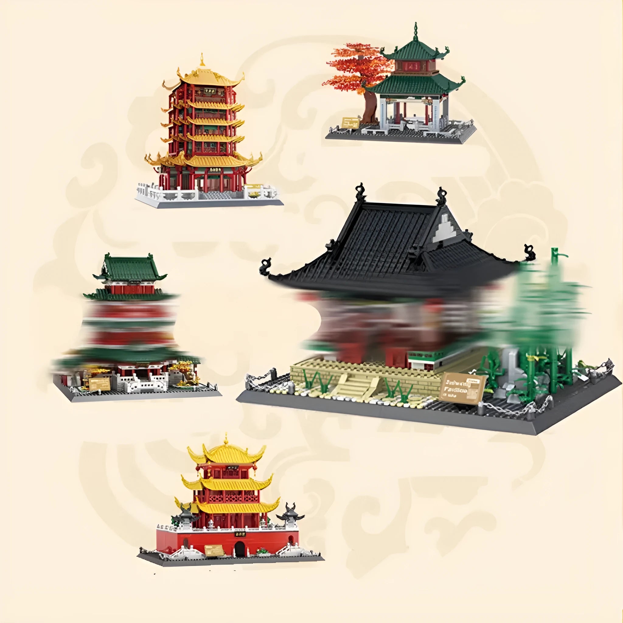 Wange building block set with over 800 small plastic pieces for constructing architectural landmark models.