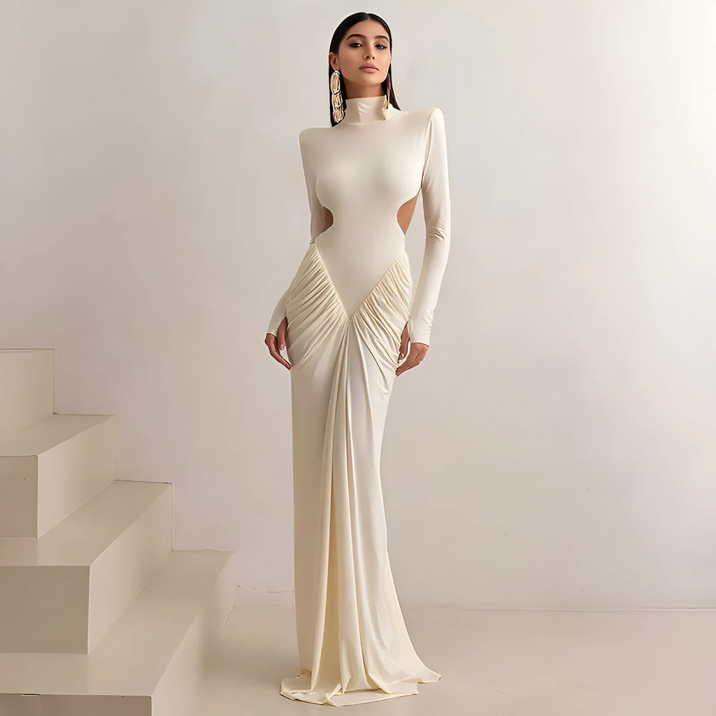 Long sleeve high collar backless pleated slim fit dress in light apricot colour