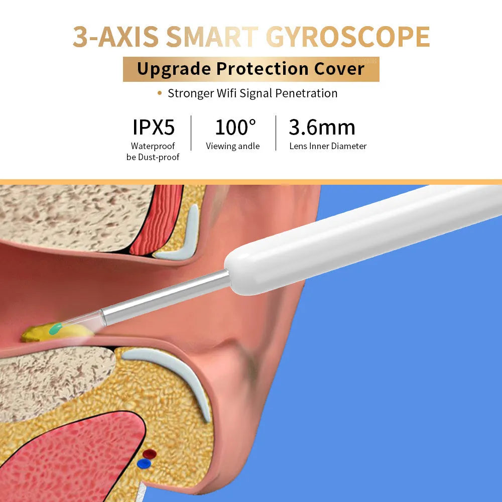 NE3 wireless otoscope ear cleaner with camera, LED light, and spoon heads on a white background.