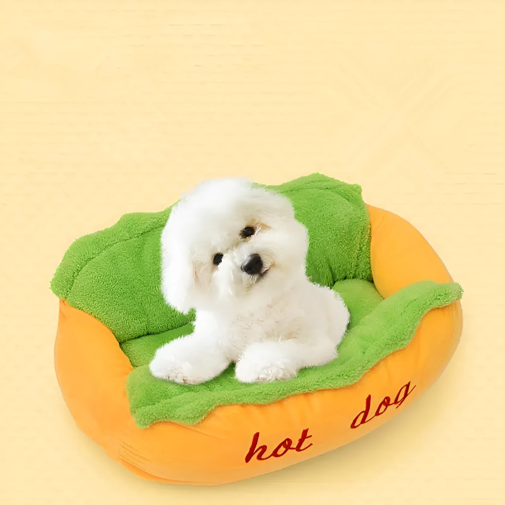 Hot dog shape pet kennel with PP cotton cushion, short plush fabric, non-slip bottom, sizes S and L