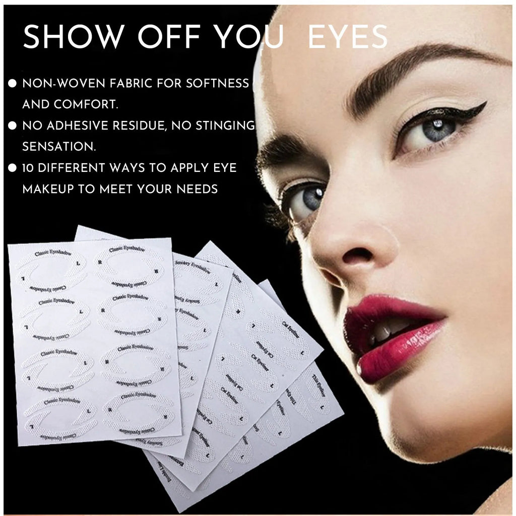 Four reusable eyeliner stencils on a pink background, showing winged and curved cut-out shapes for makeup application.